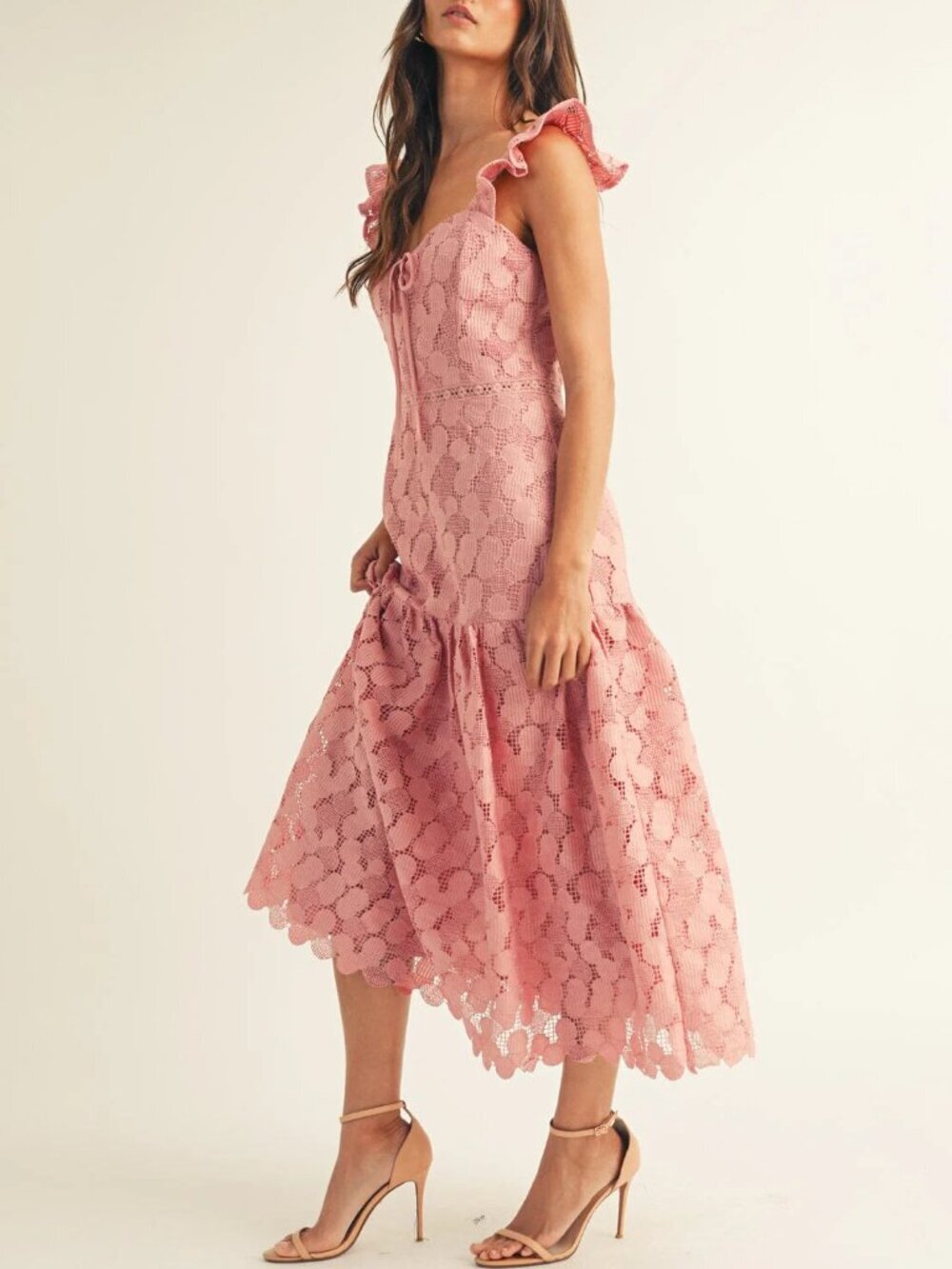Just Me Sleeveless Ruffle Tiered Crochet Maxi Dress Pink Mauve Small